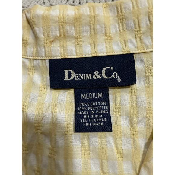 Denim & Co Button Up Shirt Butter Yellow White Plaid Womens Sz Medium Ruffle Hem - Picture 2 of 7